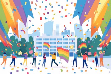 Simplified vector artwork of a corporate Pride event, featuring LGBTQ+ employees celebrating with rainbow flags and Pride merchandise, highlighting the importance of diversity and inclusion in the