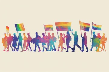Fototapeta premium Simplified vector scene of a Pride march with participants holding signs advocating for LGBTQ+ rights and gender equality, using simple shapes and vibrant colors to emphasize inclusivity