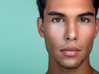 Obraz premium Handsome South American Model s Face in Decorative Skincare Product Advertisement