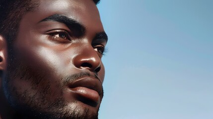 Obraz premium Handsome Male Model in Advertising Skincare Banner with Makeup and Plain Blue Background