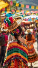 Woman wearing a colorful hat and a colorful dress, cultural festival