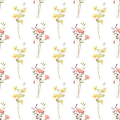 Seamless background, vintage floral texture, pattern with bouquets watercolor wildflowers. Repeat fabric wallpaper. Perfectly for wrapped paper, backdrop.