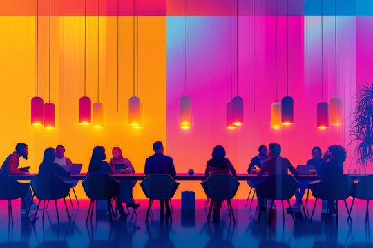 Minimalist vector scene of a business meeting discussing trans rights and gender fluidity, promoting inclusivity and equal rights with clean, minimalistic lines and vibrant accents