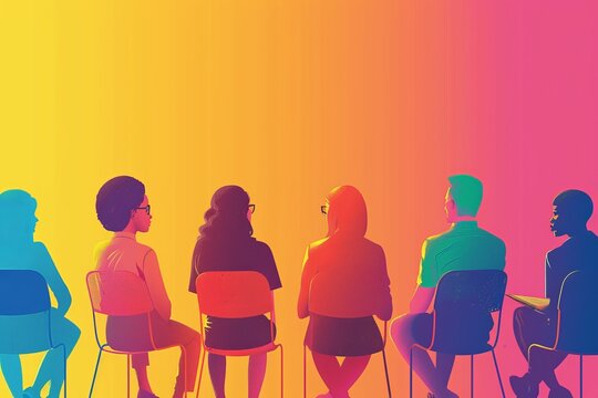 Minimalist vector scene of a business meeting discussing trans rights and gender fluidity, promoting inclusivity and equal rights with clean, minimalistic lines and vibrant accents