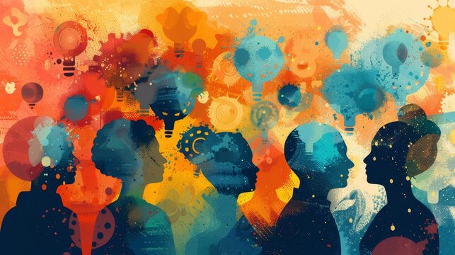 Creative Minds Vibrant Illustration of People Surrounded by Abstract Symbols