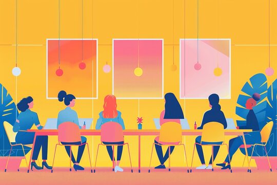 Minimalist vector scene of a business meeting discussing trans rights and gender fluidity, promoting inclusivity and equal rights with clean, minimalistic lines and vibrant accents