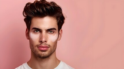 Obraz premium Handsome Male Face in Advertising Banner for Decorative Skincare Products