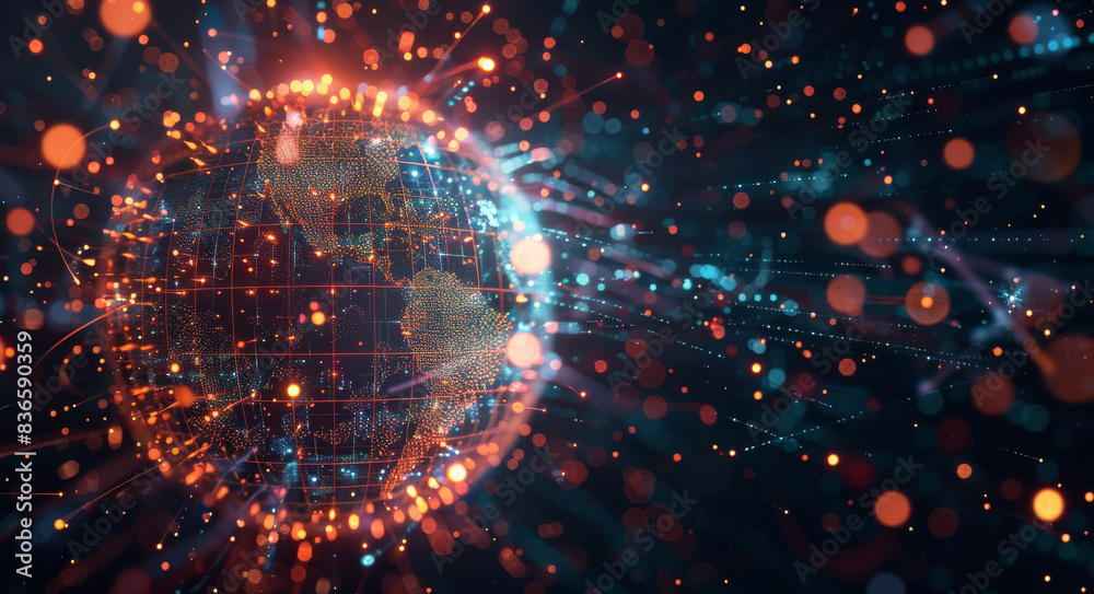 Poster 3d render of dark blue and orange glowing digital sphere surrounded by an array of small light blue 