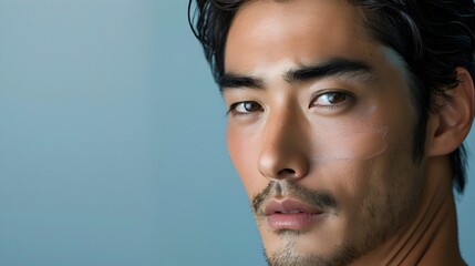 Obraz premium Handsome Japanese Man s Flawless Skin in Decorative Skincare Advertising Banner