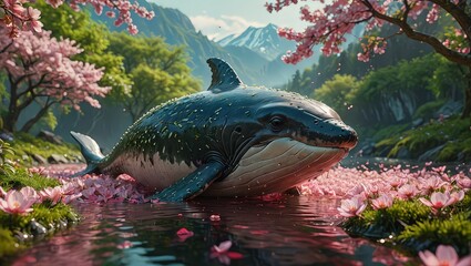 Fototapeta premium Whale in a Sea of Flowers