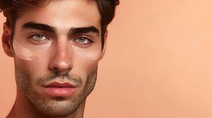 Obraz premium Handsome Male Model s Face Showcasing Skincare Advertising Banner on Peach Background