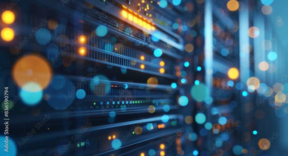 Aufkleber modern data center with rows of computers on a blurred background, closeup of the dark blue server c