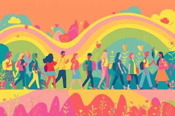 Minimalist vector illustration of LGBTQ+ youth at a Pride celebration, showcasing acceptance and joy with clean, minimalistic lines and a vibrant rainbow color scheme