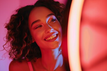 Naklejka premium female beauty content creator making videos with lighting and camera / phone setup 