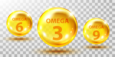 Gold fish oil pills isolated on transparent. Omega 3, 6 and 9 gel capsule. Jelly fish oil tablet.