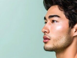 Fototapeta premium Handsome Japanese Man s Flawless Skin in Skincare Advertising on Mint Green Background