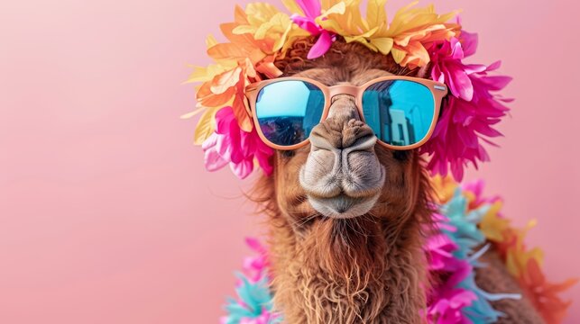 A fun and quirky camel wearing colorful sunglasses and a flower garland against a pink background. Perfect for summer-themed projects.
