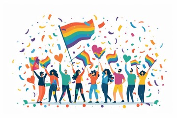 Vector style artwork of a corporate Pride event, featuring LGBTQ+ employees celebrating with rainbow flags and Pride merchandise, highlighting the importance of inclusivity in the workplace with