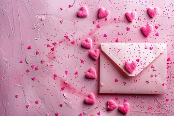 Pink Valentine's flat lay with a love letter envelope and scattered paper craft hearts, plenty of copy space for adding personal notes