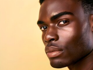 Fototapeta premium Handsome Black Man s Face in Skincare Advertising Banner on Pastel Yellow Background