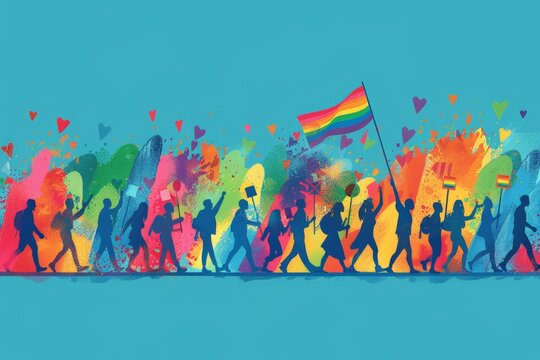 Simplified vector depiction of a Pride parade with diverse LGBTQ+ community members, promoting inclusivity and the celebration of queer culture with bold, simplified shapes and vibrant colors