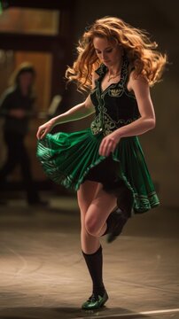 Woman in a green dress dancing on a stage, irish step dance
