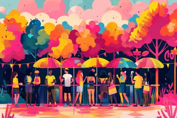 Naklejka premium Minimalist vector illustration of a Pride festival featuring diverse LGBTQ+ community members enjoying drag performances and queer art exhibitions, using simple shapes and vibrant colors to celebrate