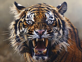 Naklejka premium Fierce and Intimidating Tiger s Face Captured in Photographic Realism