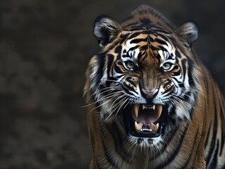 Fototapeta premium Fierce and Powerful Tiger Showcasing Its Primal Intensity in a Captivating Close Up Portrait