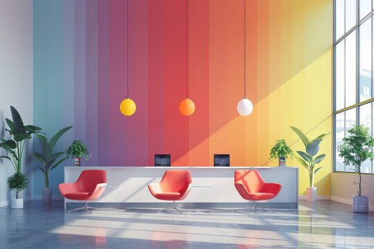 Vector artwork of a corporate office with a dedicated safe space for LGBTQ+ employees, promoting acceptance and inclusivity with clean, minimalistic lines and a vibrant color palette