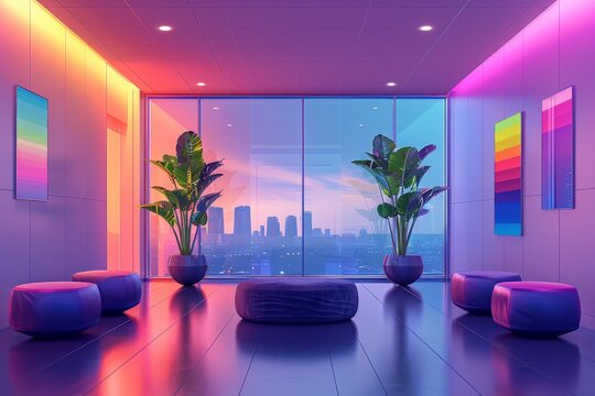 Vector artwork of a corporate office with a dedicated safe space for LGBTQ+ employees, promoting acceptance and inclusivity with clean, minimalistic lines and a vibrant color palette