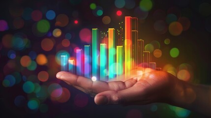 Success in Hand Vibrant Holographic Bar Graph Symbolizes Growth and Achievement