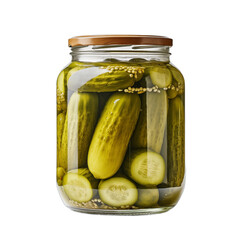 A jar of pickles isolated on a white background The jar is filled with dill pickles and is closed with a brown lid