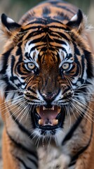 Obraz premium Captivating Close up of Fearsome Tiger s Fierce Predatory Glare and Bared Fangs