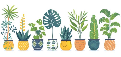 Colorful vector illustration of various potted houseplants with diverse shapes and sizes, perfect for home decor and botanical design projects.