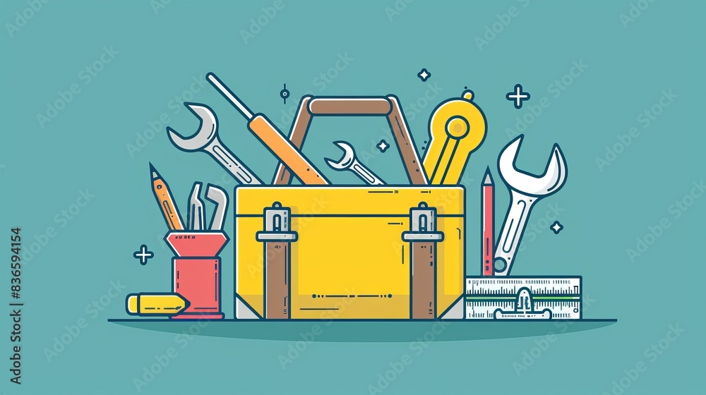 Wall mural illustration of a toolbox filled with various tools, representing creativity, construction, and prob