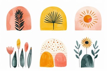 Abstract Shapes in Orange Blush, Yellow, Dusty Pink, and Light Dusty Teal with Bold Strokes, Soft Washes, and Naive Charm Feminine Sticker Art Phoenician Influence and Simple Sun and Flower Doodles