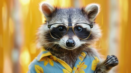 Adorable raccoon wearing glasses and tropical shirt, posing with a playful expression over a bright, blurred background.