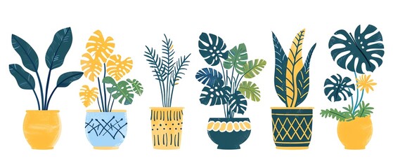 illustration of various potted plants in decorated pots. Colorful indoor plant collection for home decor and gardening.