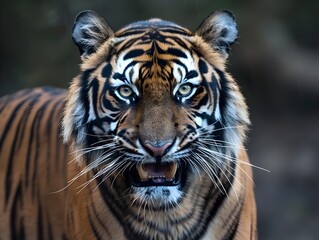 Obraz premium Formidable Tiger with Bared Fangs Conveying Uncompromising Predatory Dominance