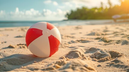 Obraz premium Close-up of a beach red white ball on the sand with the sea in the background