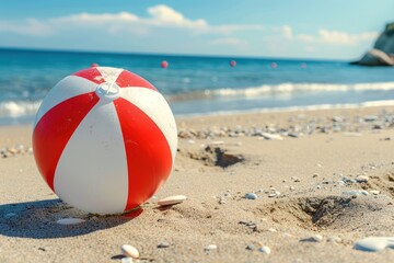 Obraz premium Close-up of a beach red white ball on the sand with the sea in the background