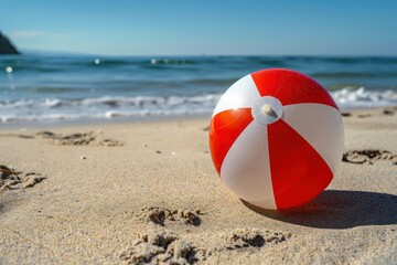 Obraz premium Close-up of a beach red white ball on the sand with the sea in the background