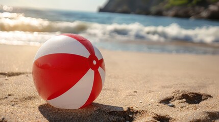 Obraz premium Close-up of a beach red white ball on the sand with the sea in the background