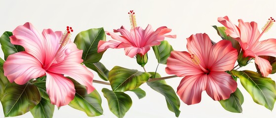 Obraz premium Vibrant pink hibiscus flowers with lush green leaves on a white background, showcasing natural beauty and tropical charm.