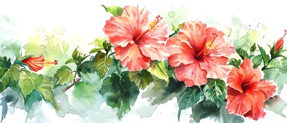 Vibrant watercolor painting of hibiscus flowers and green leaves, showcasing beautiful floral art in nature-inspired colors.
