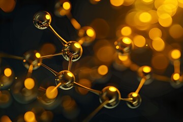 Golden molecular structure concept with glowing bokeh. Science and technology style. Perfect for educational or promotional purposes. Abstract and elegant. Scientific imagery. Generative AI