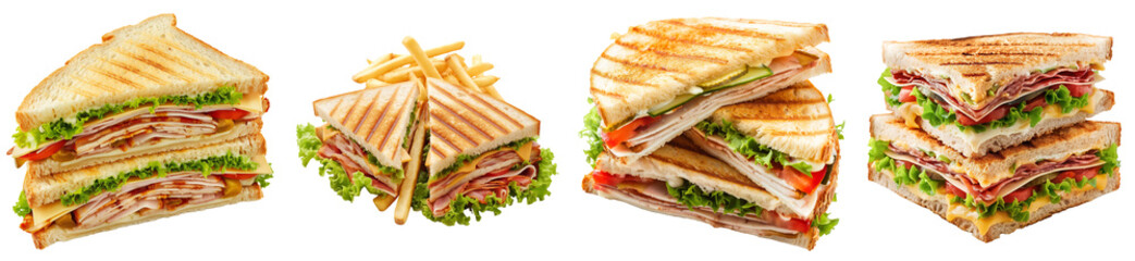 Club sandwich with French fries, takeaway fast food dinner isolated PNG, transparent cutout, top view