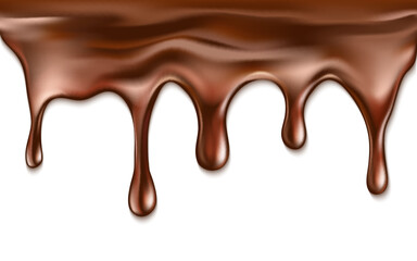 Realistic vector illustration of melted chocolate dripping on white background.