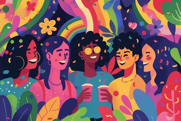 Vector illustration of LGBTQ+ youth at a Pride celebration, showcasing acceptance and joy with clean, minimalistic lines and a vibrant rainbow color scheme